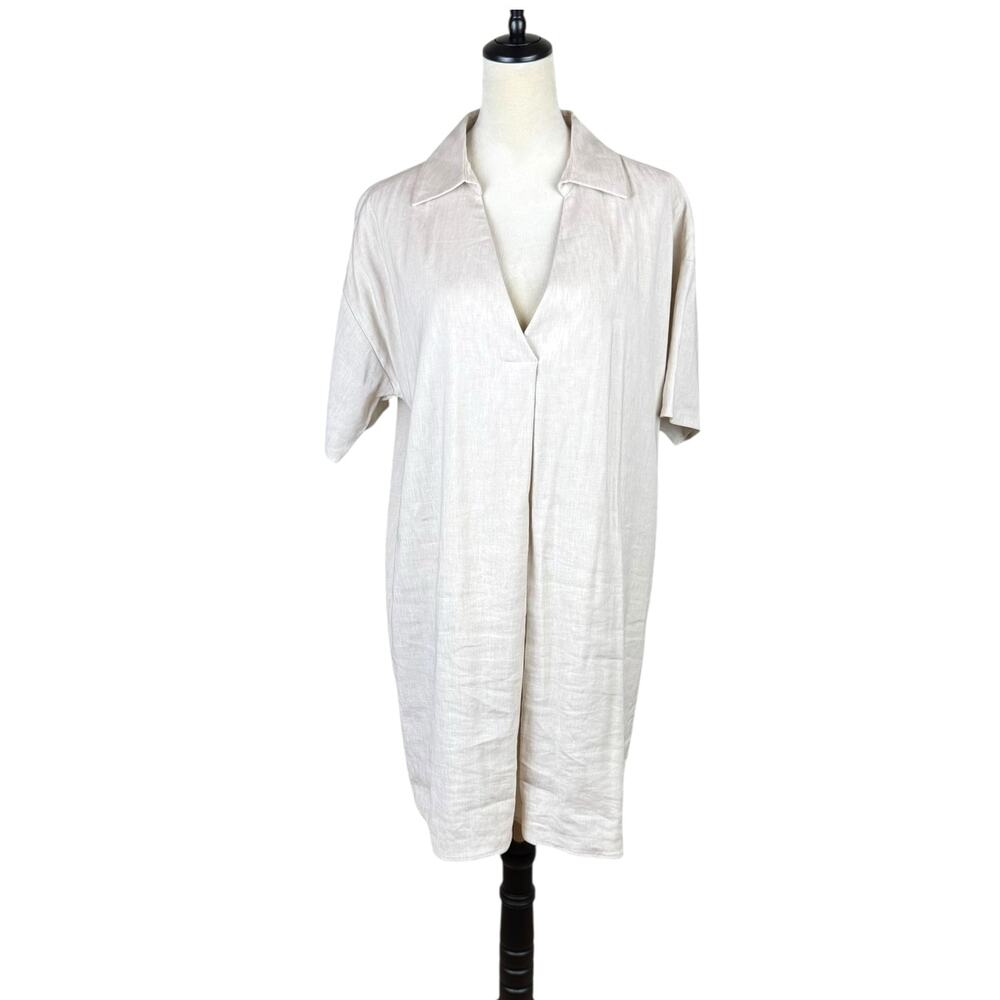 Preston & York Neutral Tan Linen Blend V-neck Collared Knee Length Shift Dress